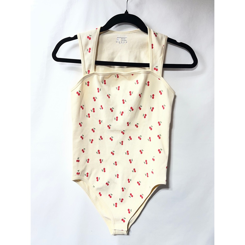QQQ Cherry Print Ribbed Bodysuit Cream Red Square Neck Tank‎ Top Large